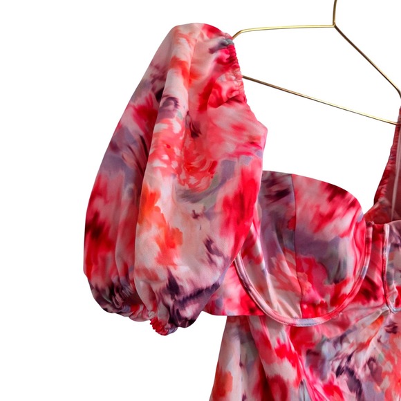 Showpo Janiena Puff Sleeve Fit and Flare Mini Dress Meadow Blur Floral - Picture 9 of 12